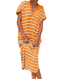 Zingj Summer Dress Women's V-Neck Stripe Low Slit Lapel Long Sweater Even-Outfit