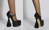 Onlymaker Women Pumps Platform Black Patent Leather Spike High Heels Slip-On Buckle Big Size Fashion Elegant Mary Jane