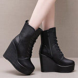 Head 12Cm High Slope And Waterproof Table Mid-Sleevel Boots With Side Zipper Women's Boots Pine Cake Plus Velvet Winter Warm Leather