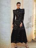 Half High Collar Hollow Out Mesh Maxi Dress Women Long Sleeve Slim A-line Dresses 2024 Fashion Lady Party Club