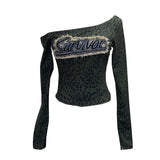 Real Shooting Spice Girls Letter Sticker Leopard Long-Sleeved T-Shirt 2024 Autumn New Thin Short Top
