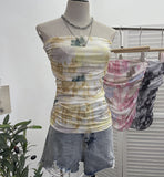 Thai-Style Splash Ink Dye Mesh Wrap Chest Vest Irregular Stacked Folded Sleeveless Top