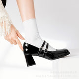 Zingj Shoes Women's New Vintage Mary Jane Heels Square Head Fashion Lady Single Shoes-Outfit
