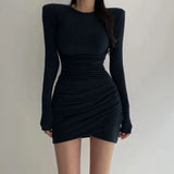 2021 long sleeve ruched pure sexy bodycon mini dress spring summer women streetwear party outfits clubwear black