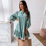 Vintage Ruffled Front Button A-line Dress Long Sleeve Stand Collar Solid Elegant Casual Mini Dress 2020 Autumn New