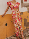Women Elegant Vintage Floral Print Split Long Dress Sexy Backless V Neck Flying Sleeves Slim Robe 2024 Chic Lady Street