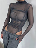Sexy Women Long Sleeve Ruched Bodysuits Solid Mesh See-Through High Neck Slim Rompers Spring Fall Jumpsuits