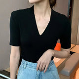 Zingj Temperament Goddess 2024 Autumn New Good Version V Collar Short Sleeve Female Slim Slim Elastic Cotton Black