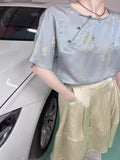 Chinese Style Disc Button Retro Women's Dress Imitation Silk Short-Sleeved T-Shirt Summer Imitation Mulberry Silk