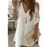 Sexy V Neck Spaghetti Straps Hollow Out Women's Dress 2021 Fashion Solid Lace Pachwork Loose Ladies Mini Dress Plue