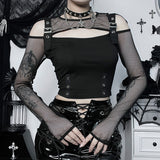 Summer New Women's Wear Dark Style Fashion Hot Girl Sexy Practice Punk Shoulder Long-Sleeved Top