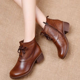 Genuine Leather Ankle Boots Retro Women Shoes 2021 New Autumn Winter Round Toe Square Heel Zip Cross-tied Women