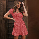 Queens Women Floral Print Puff Sleeve Beach Slim Bohemian Mini Dress Ladies O-neck Boho Sundress