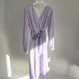 2021 Women Dress Heart Print vestidos Wrap around v neck Long sleeve Fashion Pink Chiffon