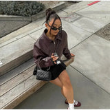 Burgundy Pu Leather Zipper Biker Jacket- Outfit
