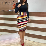 Autumn Floral Patchwork Bodycon Midi Dress Women Elegant Fashion Long Sleeve Vestido Ladies Loose Casual Robe