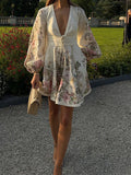 Zingj Lantern Sleeve Printed Dress 2024 Fashion Long Sleeve Teacked Ladies Holiday A-Line Dress-Outfit