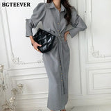 Chic Turn-down Collar Women Long Plaid Dress Fashion Single-breasted Belted Female Dress Full Sleeve Bodycon