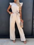 Waist Lace-up Belt Jumpsuit Women Commute Summer Office Overalls Fashion Flying Sleeve Female Solid Romper