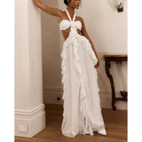 Women's New Hanging Neck Open Shoulder Lotus Leaves Side Solid Color