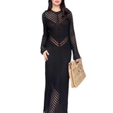 Zingj Women's Fall Round Collar Knit Hollow-Out Dress High Waist Tight Wrap Hip Dress-Outfit