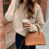 Zingj Wind Twist Diamond Sweater Korean Version Soft Waxy Retro Pure Color Cover Loose Thickened Sweater Female Tide-Outfit