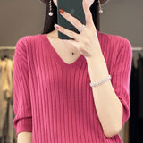 Zingj The Summer Of 2023, Women's Knit Short Sleeve Korean V-Neck Solid Color T-Shirt And A Pit Top-Outfit
