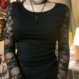 Mesh Splicing Long-Sleeved T-Shirt Hottie Slime Sexy Perspective Inside The Bottom Top
