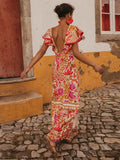 Women Elegant Vintage Floral Print Split Long Dress Sexy Backless V Neck Flying Sleeves Slim Robe 2024 Chic Lady Street