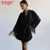 Elegant Black Tassel Dresses For Women Casual V-neck Lace-up Mini Dress Autumn Long Sleeve Dress Female Clothing
