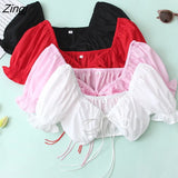 Women Summer 2022 Lace Up Bow tie Sexy Short Blouse Y2K Ladies Puff Sleeve Solid Corset Shirts Femme Crop Tops