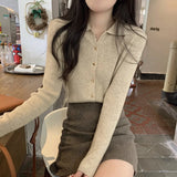 Zingj New Polo Collar Button Thread Knitted Sweater Chic French Retro Inner Long-Sleeved
