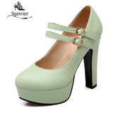 SGESVIER Women Pumps 2021 Autumn New Elegant Sweet Round Toe Square Heels Shallow Mouth 4 Color Platform Lady Shoes