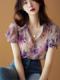 Beautiful Purple Broken Flower Shirt Women's French High-End Bubble Sleeve Age-Reduced Blouse Summer Chiffon Short-Sleeved