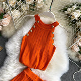 Women's Knitting O-neck Off-shoulder Tank Tops Female Bodycon Knitted Buttons Camisole Sleeveless Tee shirts