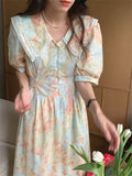 Kitty Printed Women Dress Summer Office Lady Gentle Short Sleeve Work Wear 2022 Slim OL High Street Chic Peter Pan