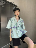 Mint Green Butterfly Hawaiian Shirt Women Summer 2022 Short Sleeve Top Lapel Oversized Beach Shirt Holiday