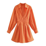 Orange Sheath Corset Blouse-Style Women Dress 2021 New Summer Long Sleeve A-Line High Waist Back Tied Up