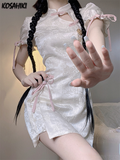 Harajuku Cheongsam Dress Women Sweet Floral Bow Bandage Lolita Dresses Y2k Sexy Aesthetic Puff Sleeve Vestido
