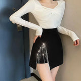 Black Side Split Rhinestone Fringe Mini Skirt- Outfit
