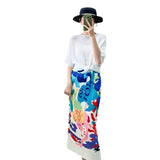 Folded Mermaid Color Print Dress Girl Tight Waist High Wrinkles Straight Midskirt