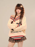 Brown V-neck Letter Print Oversize Sweater- Outfit
