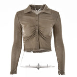 Autumn Long Sleeve Buttons Ruched T-Shirts Women Sexy Turn-Down Collar Slim Crop Tops Femme Fashion High Street T