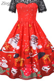 Women's Christmas Dress Short Sleeve Lace Santa Claus Print High Waist Elegant Vintage Winter Xmas Party