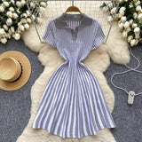Zingj Niche Retro Color Lapel Short Sleeve Striped Dress Female Waist Show Thin Temperament A-Word Knit