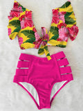 Ruffled Hem Bikini Set Women Flora V-Neck High-Waisted Two Piece Swimsuit 2023 Girl Beach Bathing Suit Swimwear