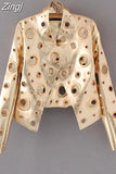 Runway Cut Out Short Faux Leather Jacket Golden Rivet Cool Stylish Designer Clothes Women European American Fashion