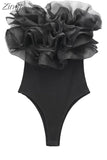 Ruffle Black Bodysuit For Woman Off Shoulder Sexy Lingerie Women Body Organza Sleeveless Bodysuit Y2k Women's Summer