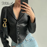 2021 V Neck PU Leather Cropped Jackets Women Black Long Sleeve Fashion Vintage Biker Coats 90s Outwear