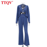 Casual High Wasit Blue Women'S Pants 2021 Elegant Full Length Slit Wide Trousers Fashion Pleated Pocket Pants For
